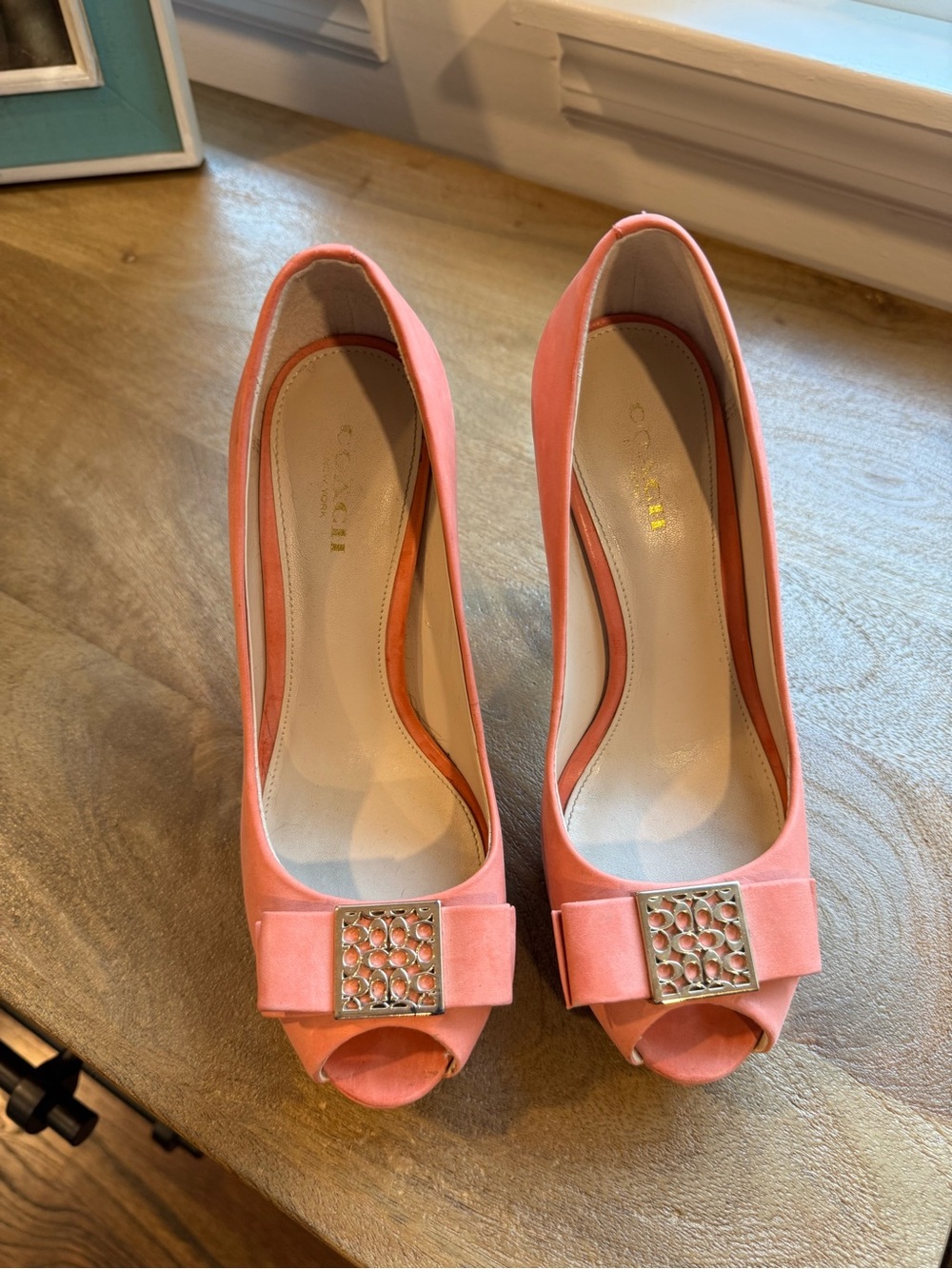 Coach Coral Pink Peep-Toe Bow Heels with Logo Accent